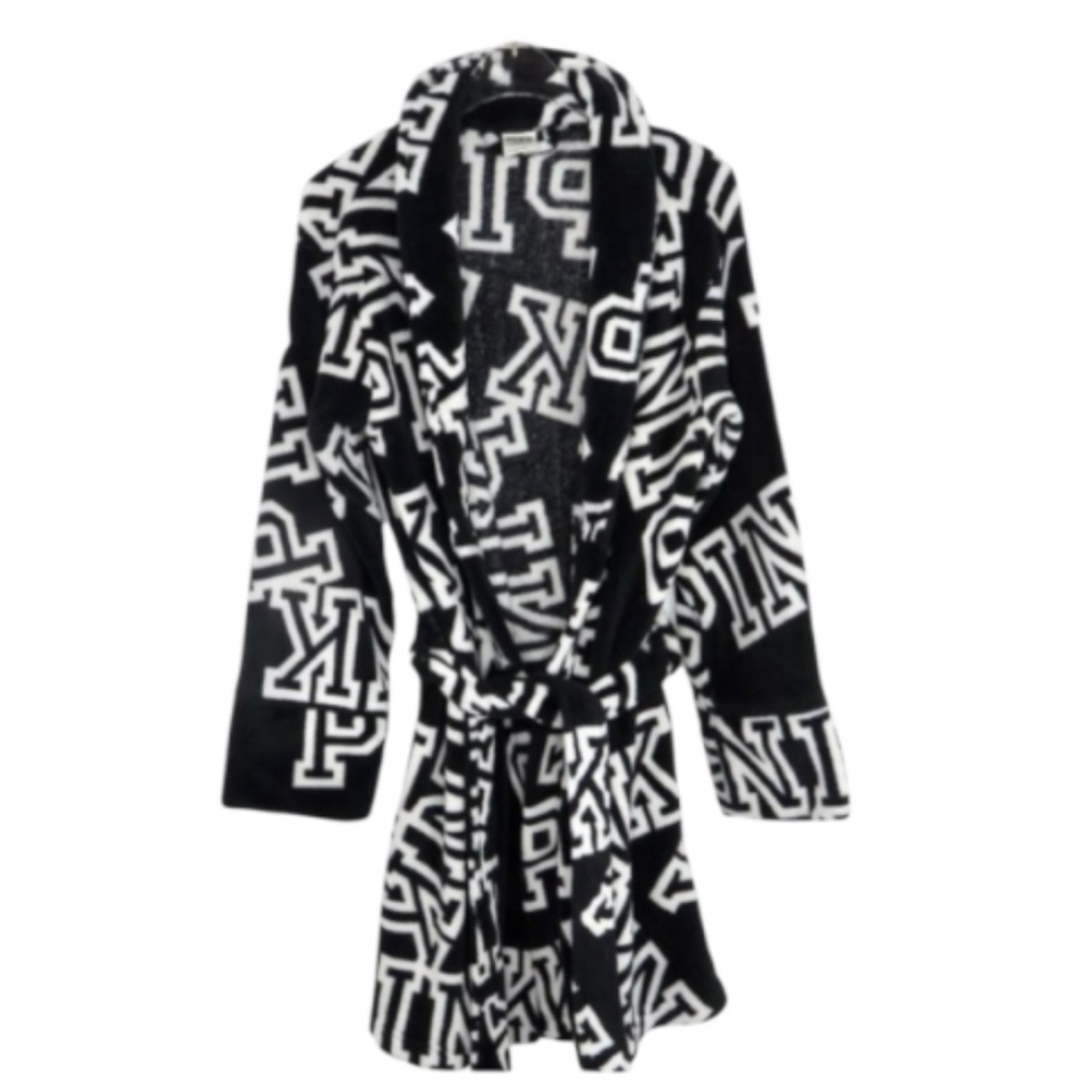PINK Victoria Secret Limited Edition Plush Black White Fleece Robe Size M - L